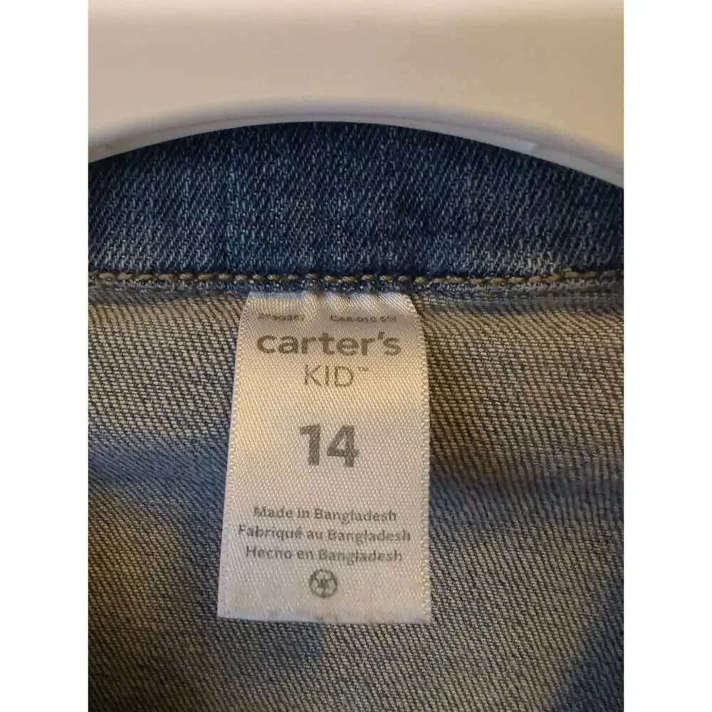 Carter's Kid Denim Jean Jacket Button Up Utility Pockets Embroidered Heart Sz 14